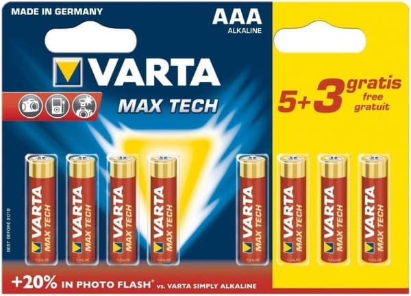 Varta Max Tech AAA, Engangsbatteri, AAA, Alkalinsk, 1,5 V, 8 stykker, Flerfarget