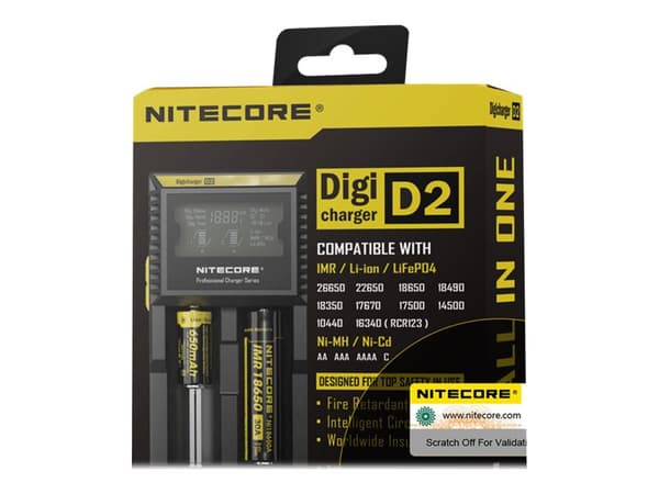 Nitecore D2, Lithium jern fosfat (LiFePO4), Lithium-Ion (Li-Ion), Nikkel-Cadmium (NiCd), Nikkel-Metalhydrid..., AA, AAA, AAAA, C
