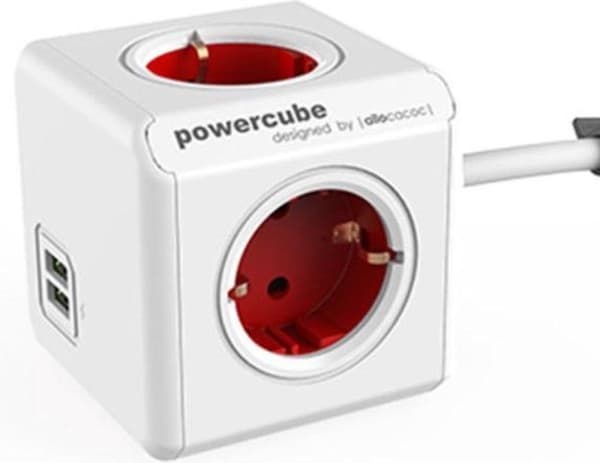 DesignNest PowerCube Extended DUO USB - 1,5 meter kabel - hvid/rød - 4 stik - 2 USB-opladere - Type F - stik - strømskinne - telefonoplader - oplader