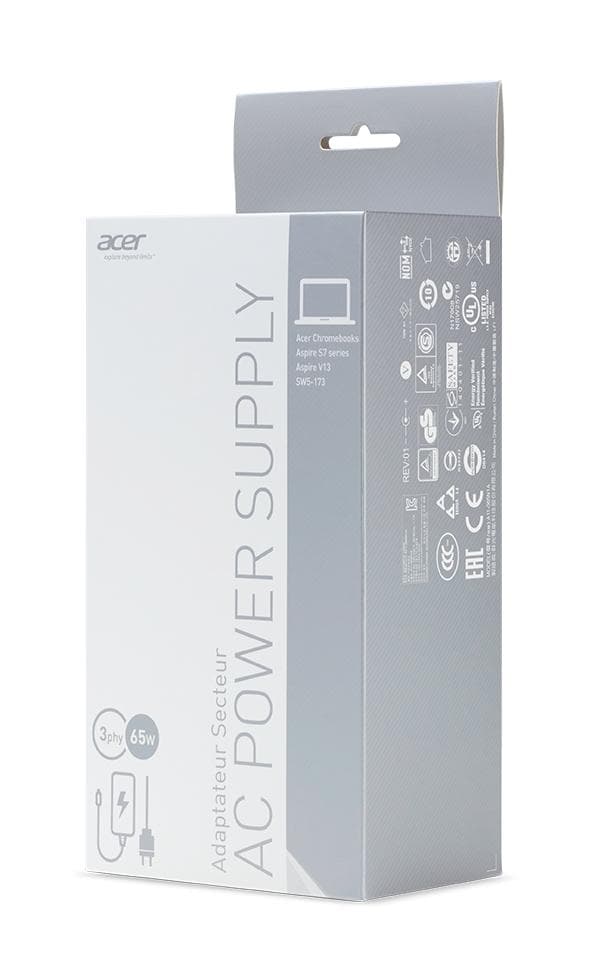 Acer - PSU - 65 Watt - Europa - för Aspire R 15 (65 Watt), Aspire V 13 (65 Watt), Chromebook 11 (65 Watt), 15 (65 Watt), Swift 3 (65 Watt)