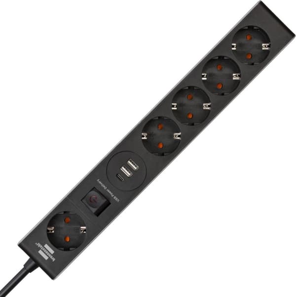 Brennenstuhl 5-vejs strømskinne med USB C strømforsyning og 2 USB 2,4 A (USB C strømskinne til hurtig opladning, 1x USB C strømforsyning, 2x USB 2,4 A
