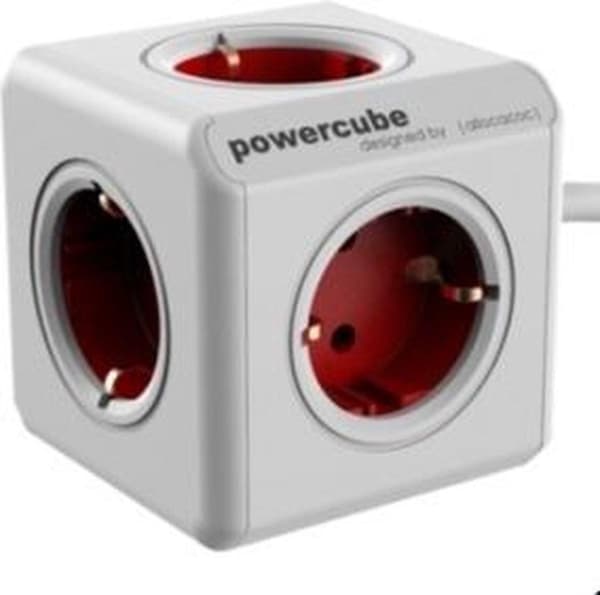 DesignNest PowerCube forlænget 1,5 meter kabel - hvid/rød - 5 stikdåser Type F - strømskinne - strømskinne