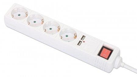 MANHATTAN 4-vejs strømskinne med 2 USB-opladningsporte, beskyttelseskontakt Fire type F-stik, to USB-A-porte med 2,1 A udgangseffekt (i alt), integrer