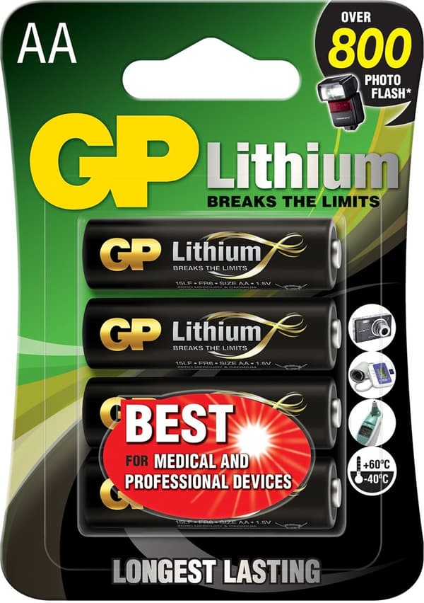 GP AA Lithium-batteri 1,5V, 15LF-2U4, 4-pak