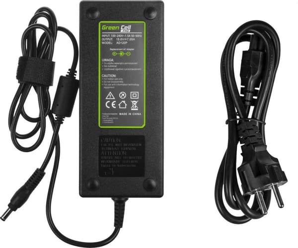 Vihreä solu AD120P. Käyttötarkoitus: Kannettava tietokone, Virtalähdetyyppi: Sisä, Tulojännite: 100-240 V. Tuotteen väri: Musta. Kaapelin pituus: 1,2