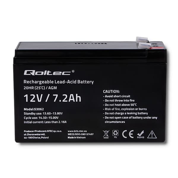 Qoltec 53062 AGM batteri | 12V | 7,2 Ah | max 108A