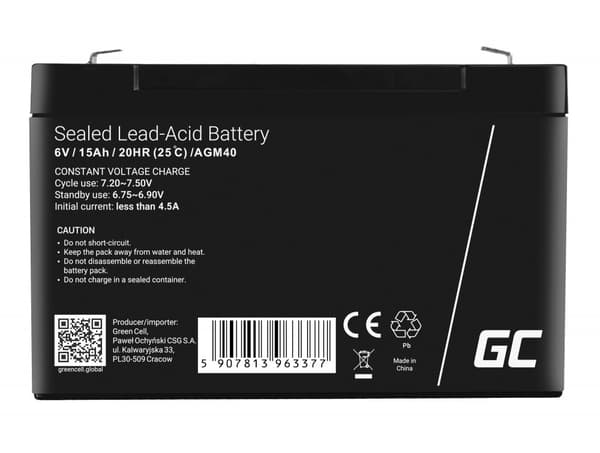 Green Cell AGM40 UPS batteri Forseglet blysyre (VRLA) 6 V 15 Ah
