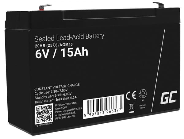 Green Cell AGM40 UPS batteri Forseglet blysyre (VRLA) 6 V 15 Ah