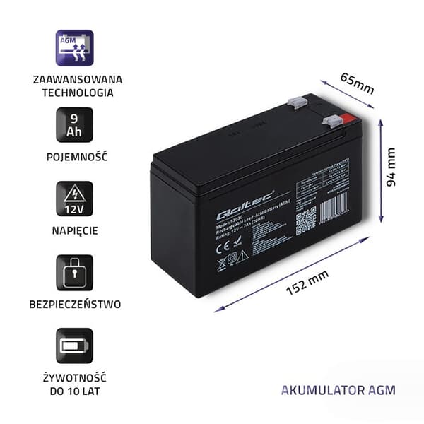 Qoltec 53031 AGM batteri | 12V | 9 Ah | max 135A