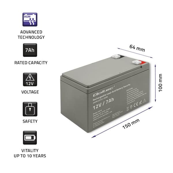 Qoltec 53076 AGM batteri | 12V | 7Ah | max. 105A | Sikkerhed