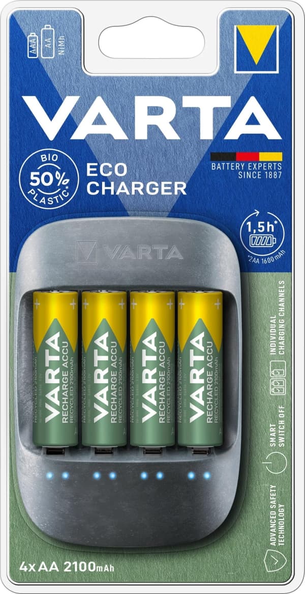 Varta Eco-Charger - Batteriladdare + 4st AA-Batterier (56816), 2100 mAh