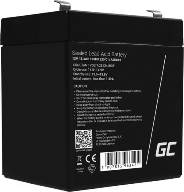 Vedligeholdelsesfrit AGM VRLA 12V 5,3Ah batteri til alarmsystemer og specielle formål.