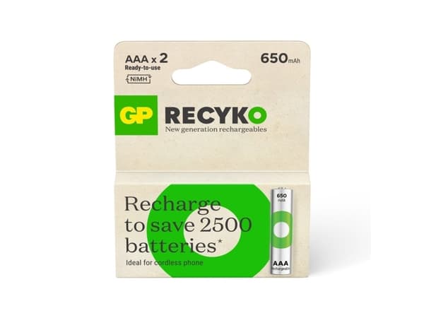 GP Batteries 201248, Oppladbart batteri, AAA, Nikkelmetallhydrid (NiMH), 1,2 V, 2 stykker, 650 mAh