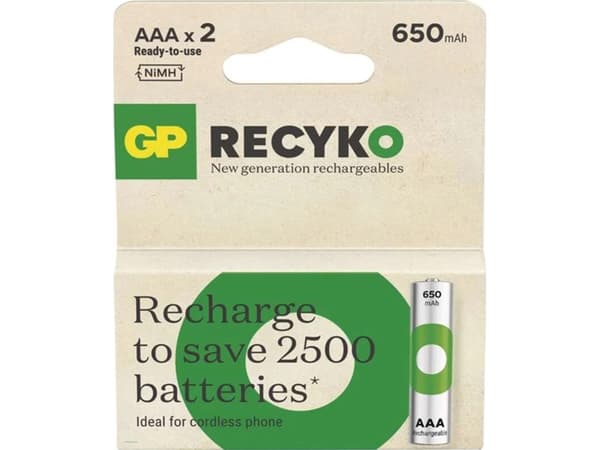 GP Batteries 201248, Oppladbart batteri, AAA, Nikkelmetallhydrid (NiMH), 1,2 V, 2 stykker, 650 mAh