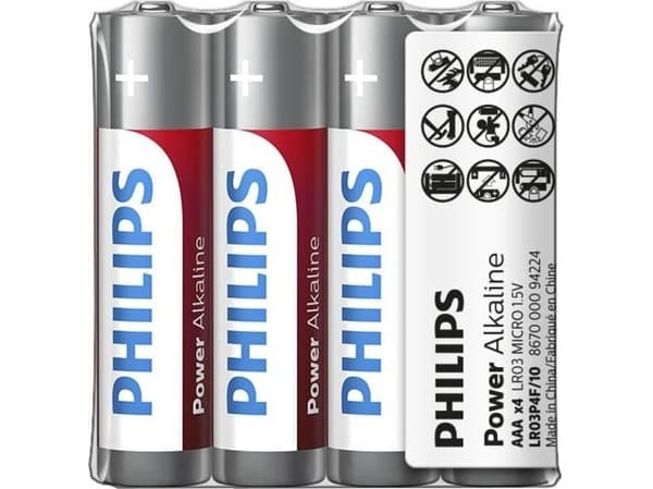 Philips Power Alkaline Batteri LR03P4F/10, Engångsbatteri, AAA, Zink-Kol, 1,5 V, 4 styck, 3 År