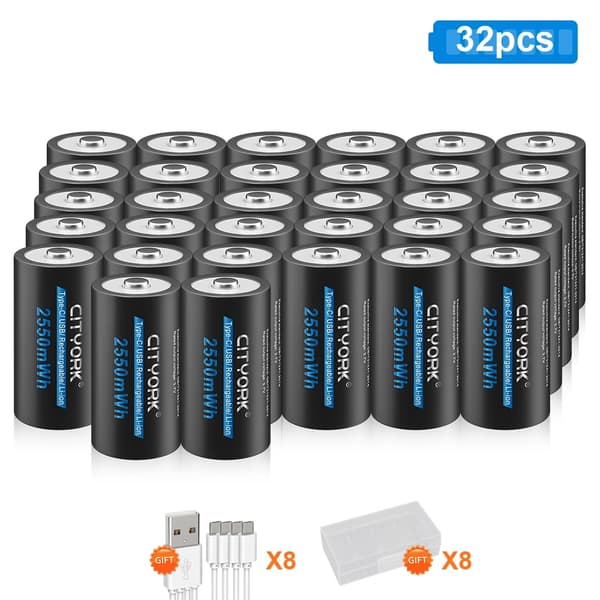 CITYORK Uppladdningsbara Batterier, Hög Kapacitet 2550mWh, Typ C USB Laddning,24 Batterier