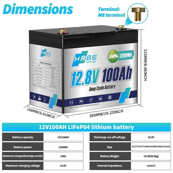 12V 100Ah LiFePO4-batteri, 1280Wh energikapacitet, lang cykluslevetid,1 stk 12V 100AH