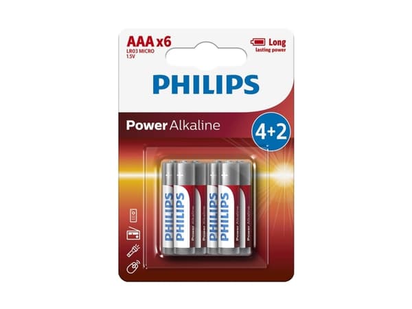 Philips Power Alkaline LR03P6BP/10, Kertakäyttöinen akku, AAA, Alkali, 1,5 V, 6 kpl, Valkoinen