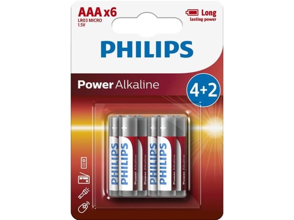 Philips Power Alkaline LR03P6BP/10, Kertakäyttöinen akku, AAA, Alkali, 1,5 V, 6 kpl, Valkoinen