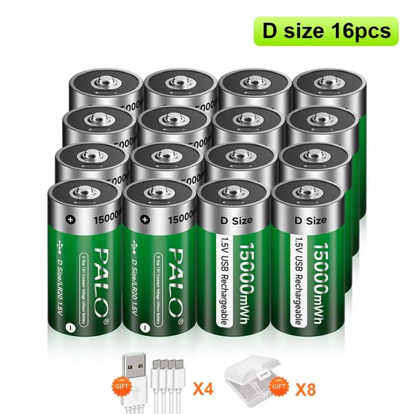PALO Genopladelige D Størrelse Batterier, USB Genopladelige, 15000 mWh Kapacitet,16 stk. batteri