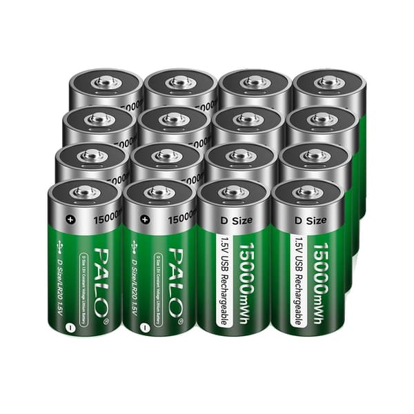 PALO Genopladelige D Størrelse Batterier, USB Genopladelige, 15000 mWh Kapacitet,16 stk. batteri
