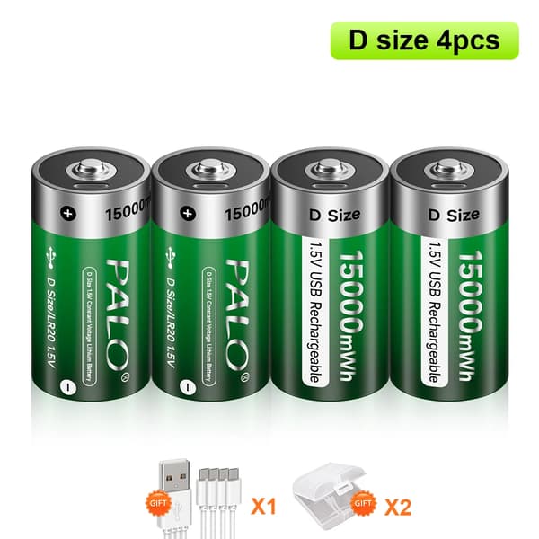 PALO Genopladelige D Størrelse Batterier, USB Genopladelige, 15000 mWh Kapacitet,4PCS Batteri