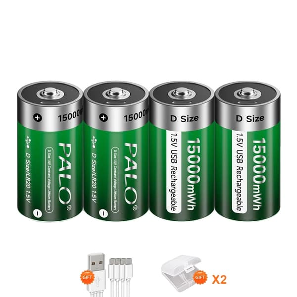 PALO Genopladelige D Størrelse Batterier, USB Genopladelige, 15000 mWh Kapacitet,4PCS Batteri