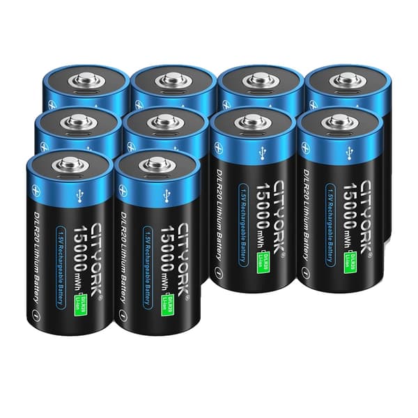 CITYORK D Størrelse Genopladelige Batterier, 15000mWh Kapacitet, USB Opladning,10 stk. D-batteri