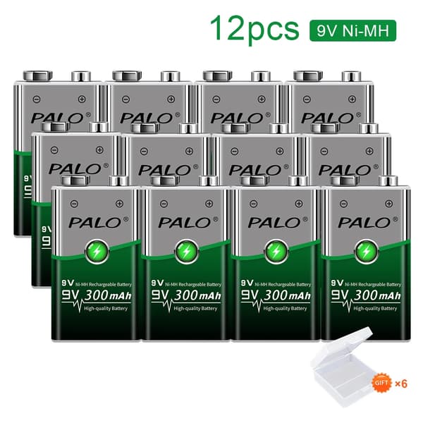 PALO Genopladelig 9V Ni-MH Batteri, 300mAh Kapacitet, Fås i 10 stk eller 12 stk,12 stk. Batteri