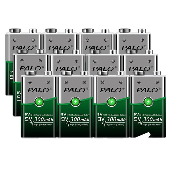 PALO Genopladelig 9V Ni-MH Batteri, 300mAh Kapacitet, Fås i 10 stk eller 12 stk,12 stk. Batteri
