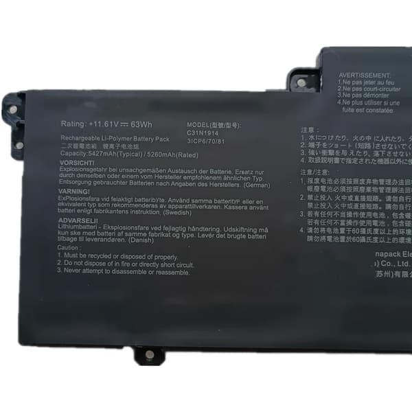 C31N1914 Laptopbatteri, 63Wh kapacitet, 11.6V spänning, kompatibel med Asus ZenBook 14