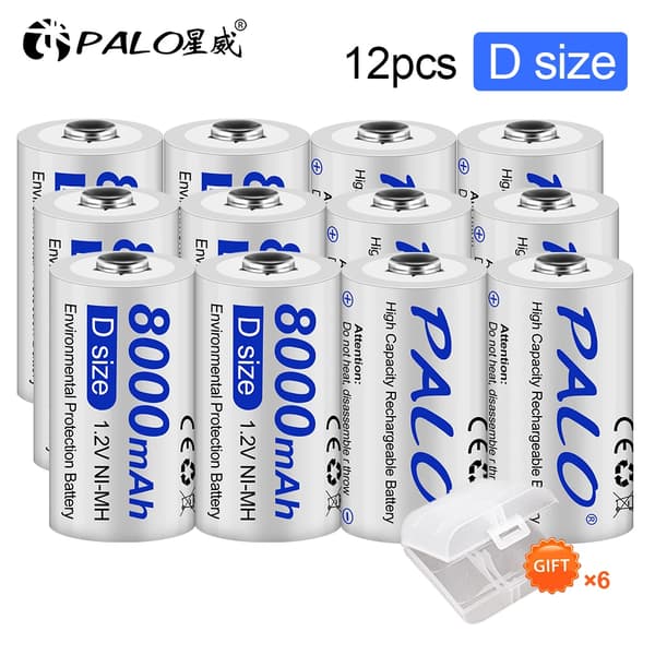Palo D Størrelse Genopladelige Batterier, Høj Kapacitet 8000mAh, Miljøvenligt NI-MH Design,12 STK, 1,2V