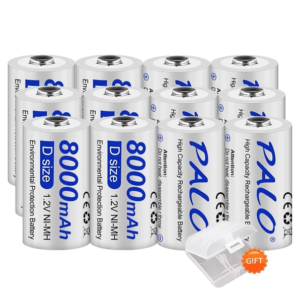 Palo D Størrelse Genopladelige Batterier, Høj Kapacitet 8000mAh, Miljøvenligt NI-MH Design,12 STK, 1,2V