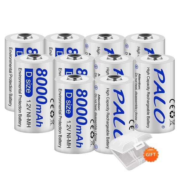 Palo D Størrelse Genopladelige Batterier, Høj Kapacitet 8000mAh, Miljøvenligt NI-MH Design,10 STK, 1,2V