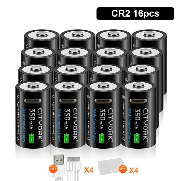 CR2 Lithium-ion-batteri, 350mAh kapacitet, USB-opladelig,16 STK batteri
