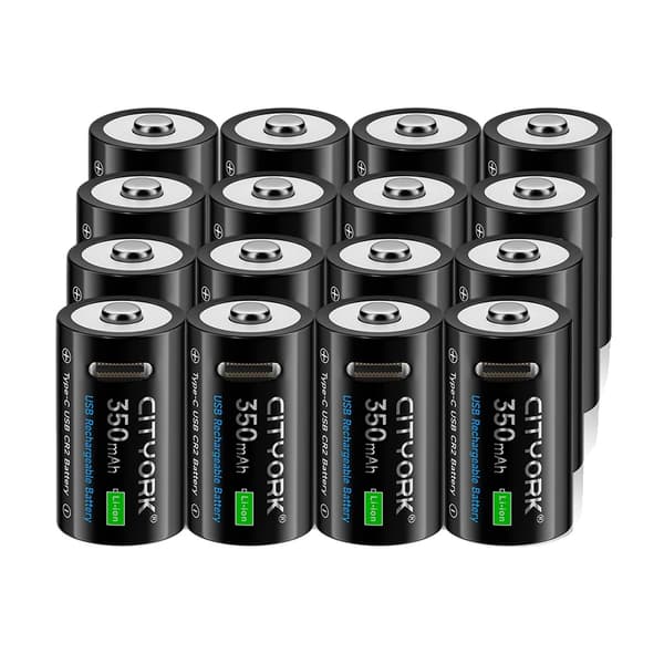 CR2 Lithium-ion-batteri, 350mAh kapacitet, USB-opladelig,16 STK batteri