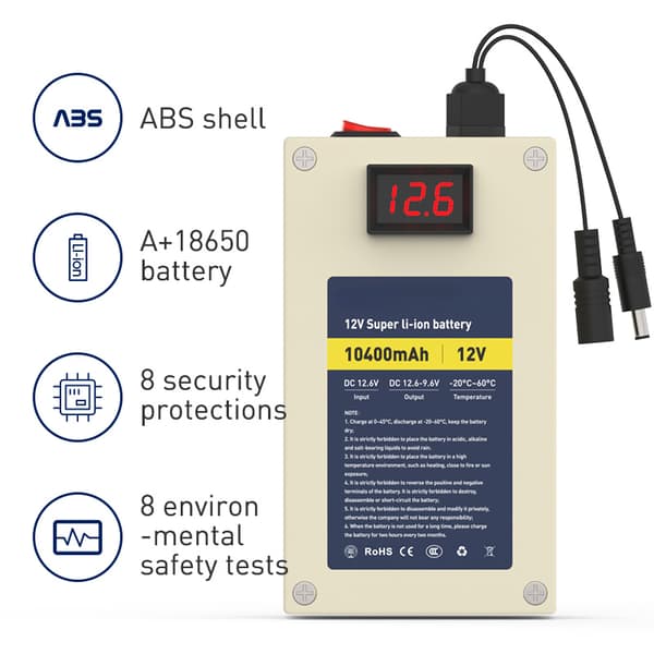 Genopladeligt lithium-ion-batteripakke, 12V 10400mAh, indbygget BMS, letvægtsdesign