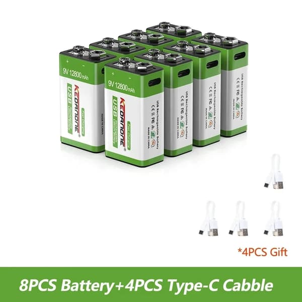9V Genopladeligt Batteri, Høj Kapacitet 12800mAh, Micro USB Opladning,8 STK
