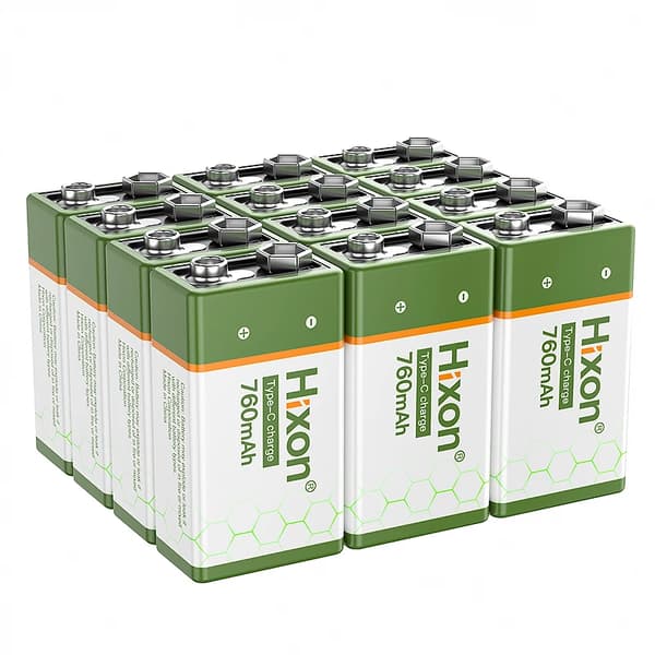 Hixon 9V genopladeligt batteri, 760mAh kapacitet, USB hurtigopladning,12 stk batteri, 9V