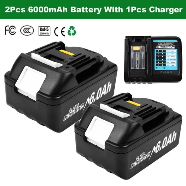 18V Akku, 6000mAh Kapasiteetti, Li-Ion Teknologia,18V, 2 kpl, mukana 1 kpl laturi