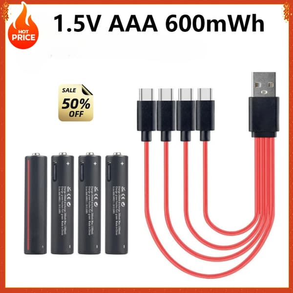Genopladelige AAA lithiumbatterier, hurtig USB-opladning, 600mWh kapacitet,1,5V, 4 STK med kabel