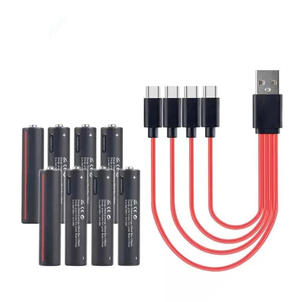 Genopladelige AAA lithiumbatterier, hurtig USB-opladning, 600mWh kapacitet,1,5V, 8 stk. med kabel