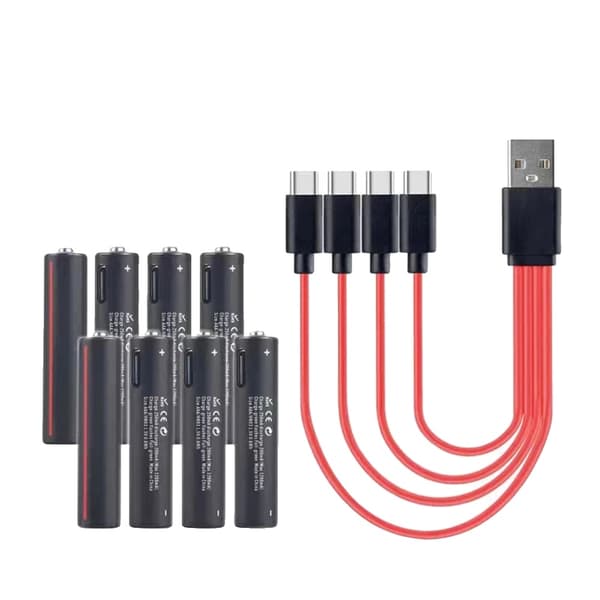 Genopladelige AAA lithiumbatterier, hurtig USB-opladning, 600mWh kapacitet,1,5V, 8 stk. med kabel