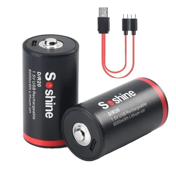 Li-ion D Størrelse Batterier, 6000mWh Kapacitet, USB Opladelig,1,5V, 2PC Batterier og USB