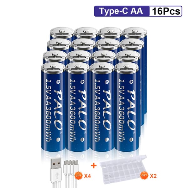 PALO AA Li-Ion genopladelige batterier, 3600mWh kapacitet, Type-C opladning,16stk AA Batteri