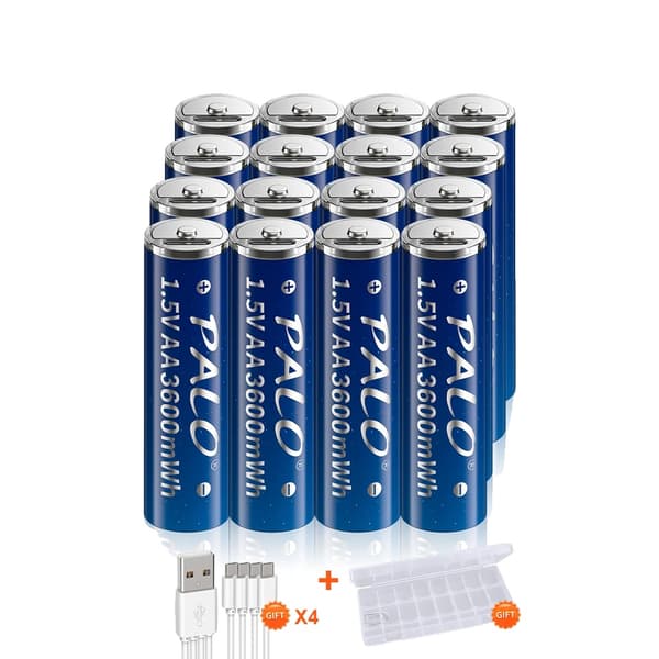 PALO AA Li-Ion genopladelige batterier, 3600mWh kapacitet, Type-C opladning,16stk AA Batteri