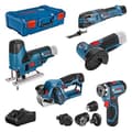 Miniatyrbillede 1 af 5: Pakke med 5 Bosch Tools Professional boremaskine GSR + GOP sliber + Gho planlægning + GWS sliber + GST stiksav + 3 batterier + oplader