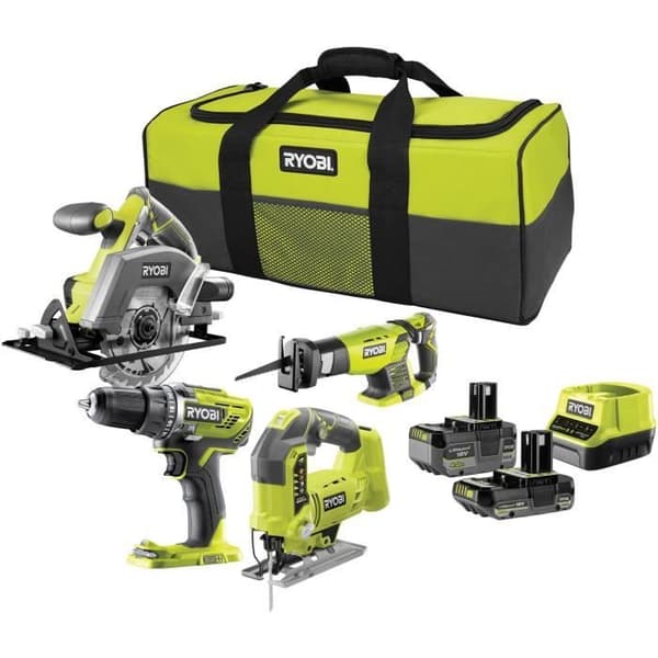 RYOBI One + Sladdlöst 4-verktygspaket RCK184C-242S - Borrmaskin - 3 cirkelsågar, sticksåg, sabel - 2 batterier 2Ah och 4Ah