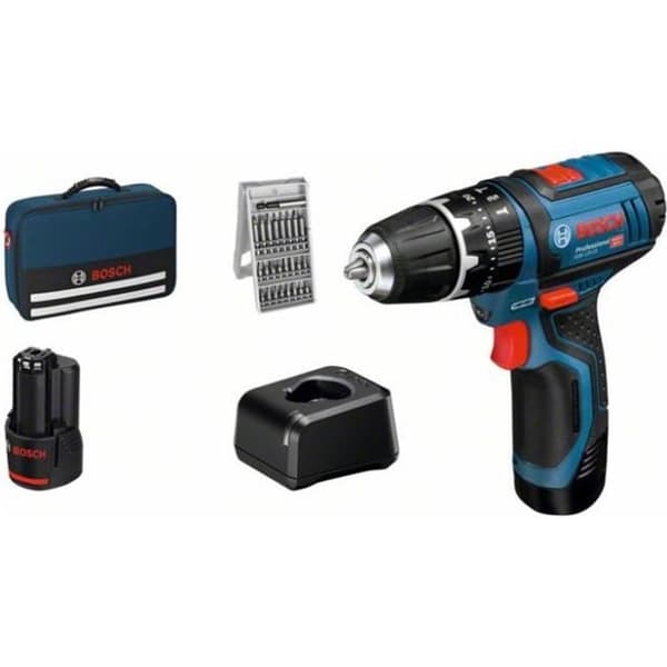 Slagboremaskine - BOSCH PROFESSIONAL - GSB 12V-15 - 2 x 2,0Ah batterier - 25 stk. tilbehør - Taske medfølger