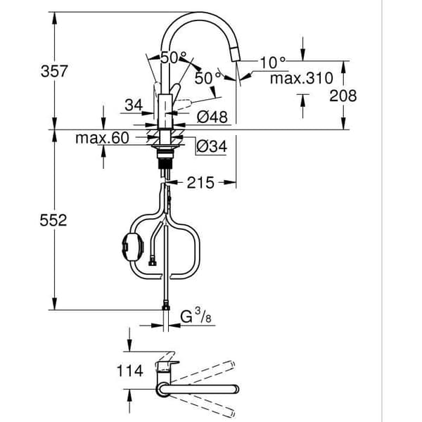 Køkkenarmatur - Krom - Høj C-formet tud - Udtrækbar perlator - 360 grader roterbar - Gennemstrømningsbegrænser - GROHE Start Curve - 30562000